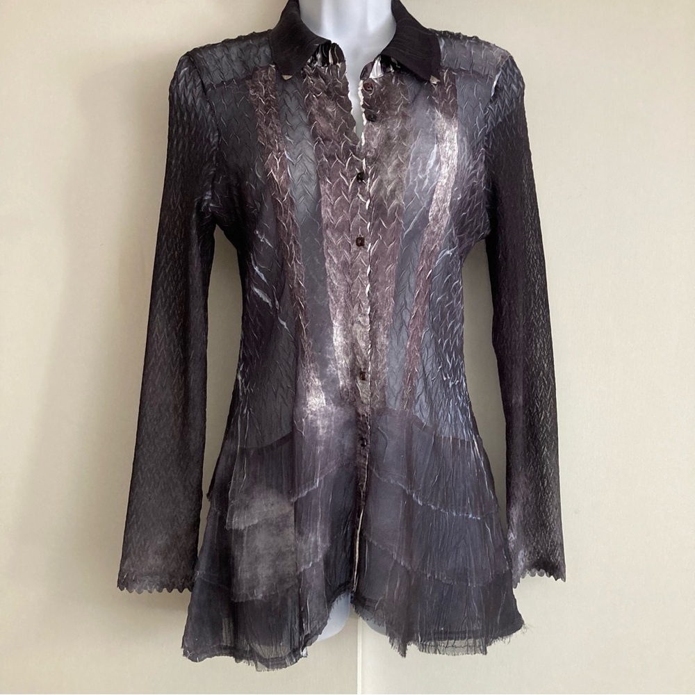 Sheer Textured Long-Sleeve Button-Front Top - Black #3948